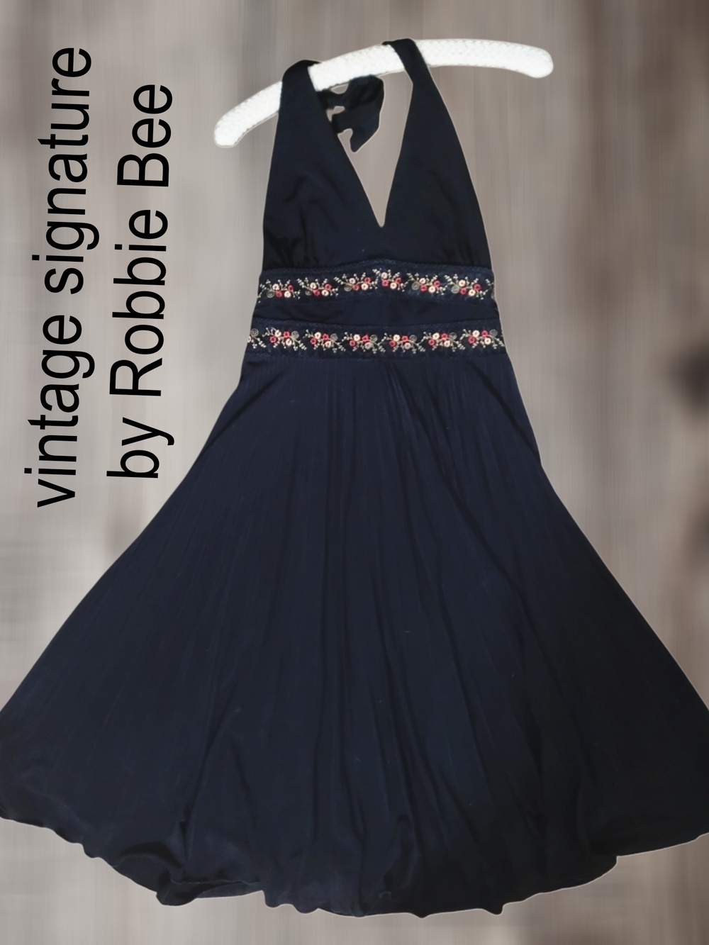 Vintage Signature by Robbie Bee Pleated Halter Dress w/ Embroidered Waist